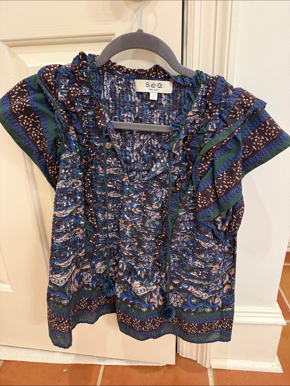Sea New York  Navy, Green & Beige Printed Ruffle Tie-Front Blouse